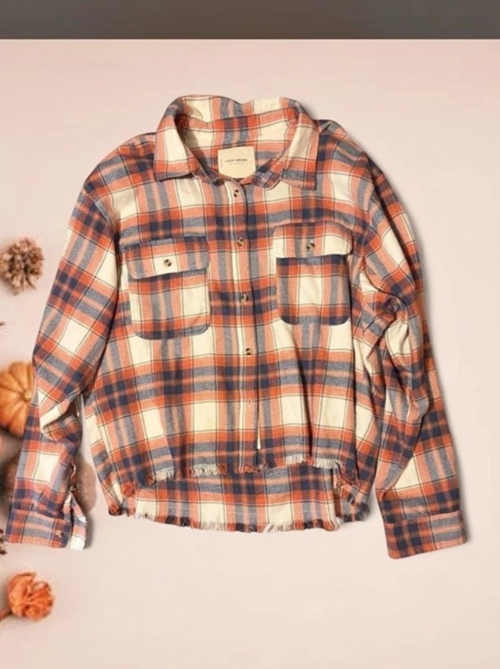Lucky Brand Plaid Raw Edge Button-Up Flannel Shirt Orange & Blue Large